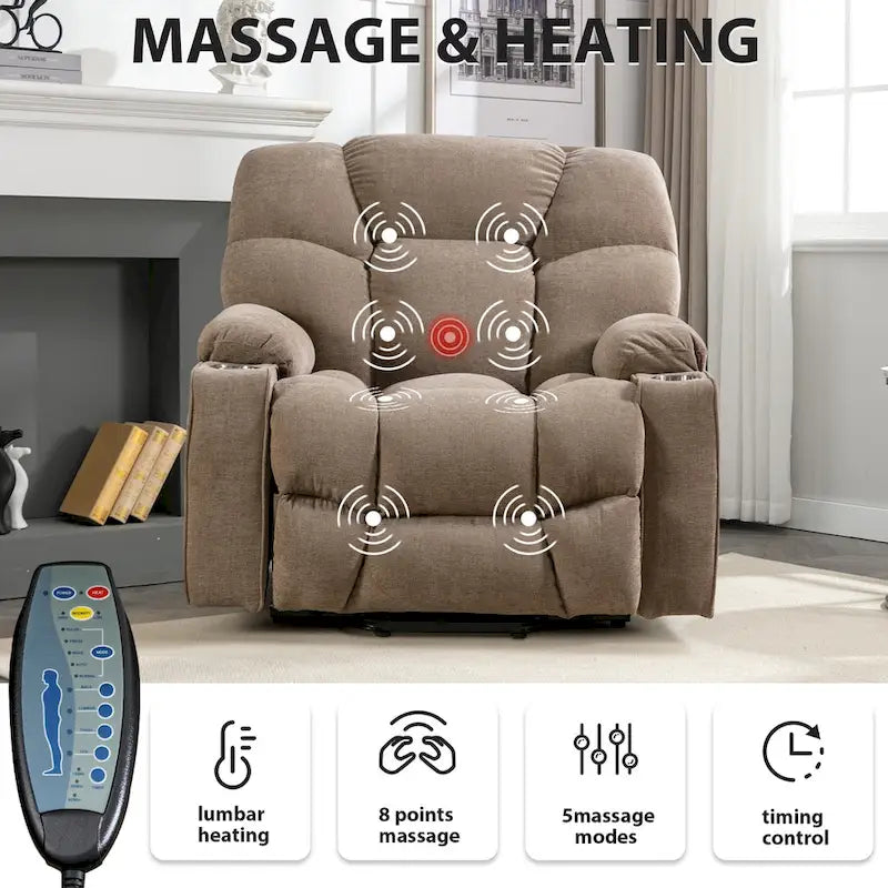 Fauteuil inclinable releveur électrique avec massage, chaleur et 2 porte-gobelets — Idéal pour les seniors