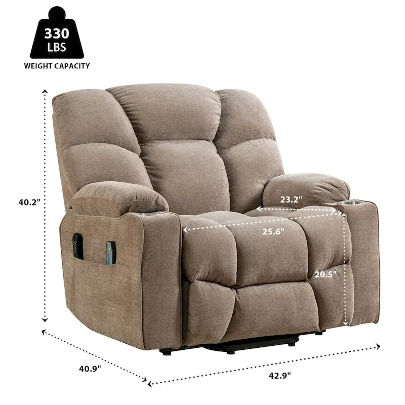 Fauteuil inclinable releveur électrique avec massage, chaleur et 2 porte-gobelets — Idéal pour les seniors