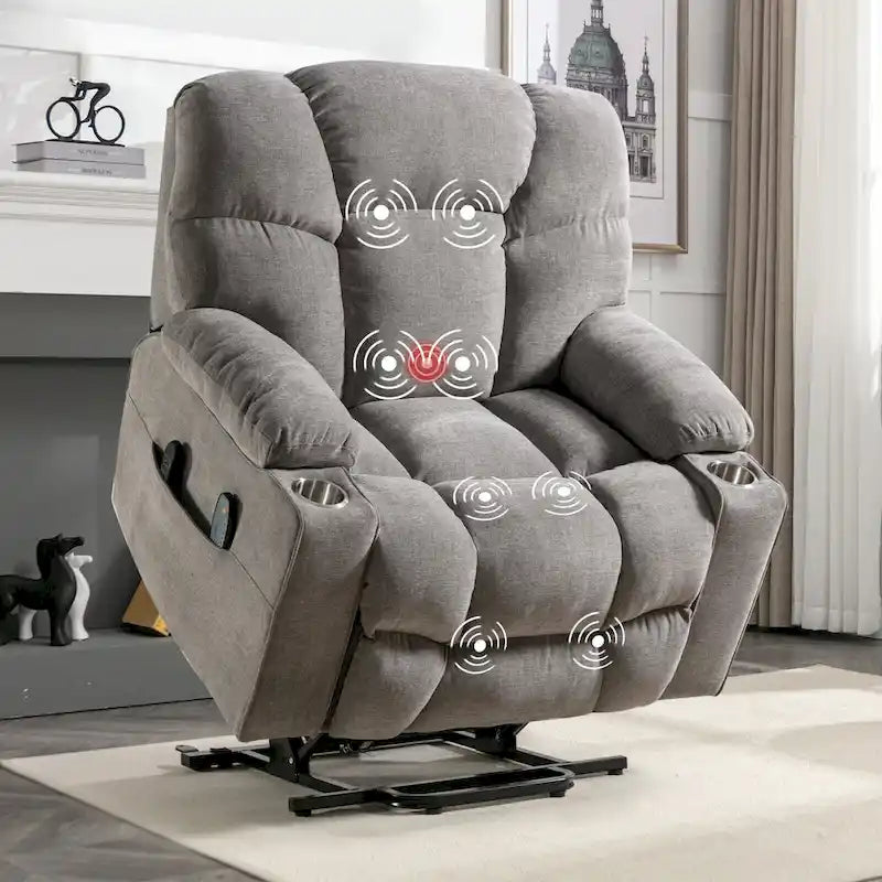 Fauteuil inclinable releveur électrique avec massage, chaleur et 2 porte-gobelets — Idéal pour les seniors