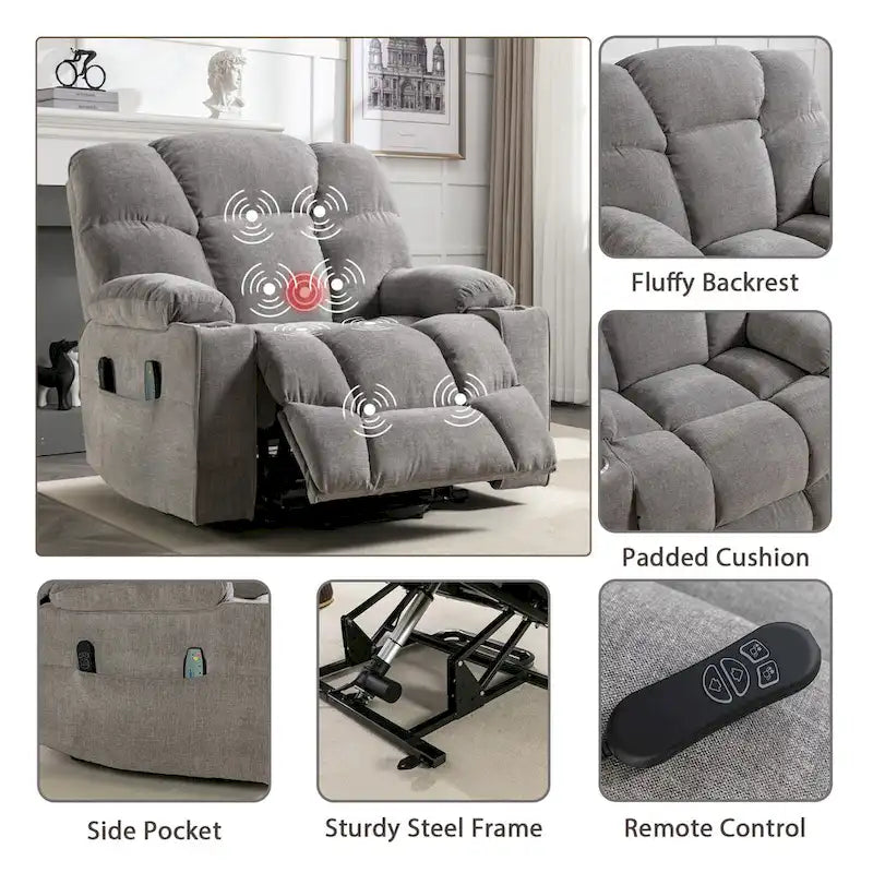 Fauteuil inclinable releveur électrique avec massage, chaleur et 2 porte-gobelets — Idéal pour les seniors