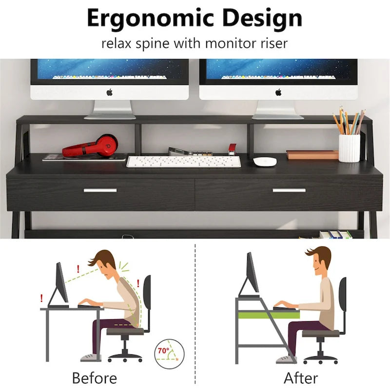 Bureau informatique 47" avec tiroirs et étagères — Bureau d'écriture pour télétravail
