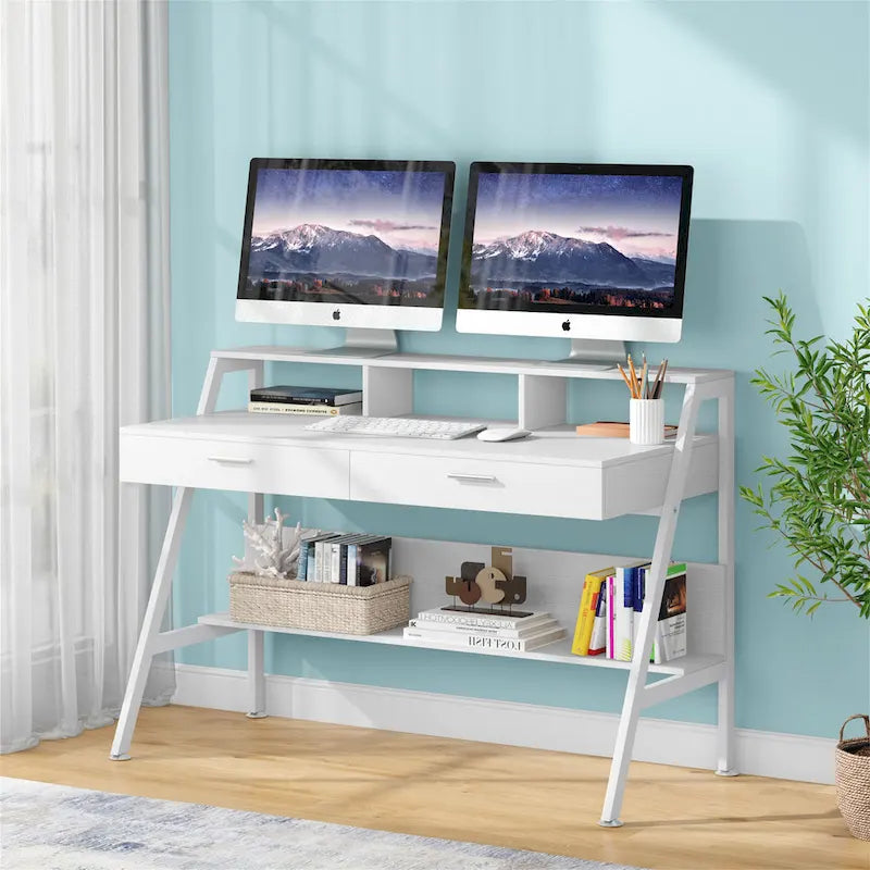 Bureau informatique 47" avec tiroirs et étagères — Bureau d'écriture pour télétravail