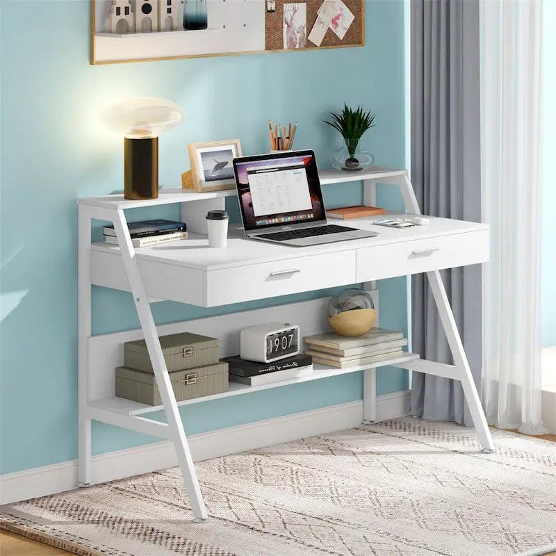Bureau informatique 47" avec tiroirs et étagères — Bureau d'écriture pour télétravail
