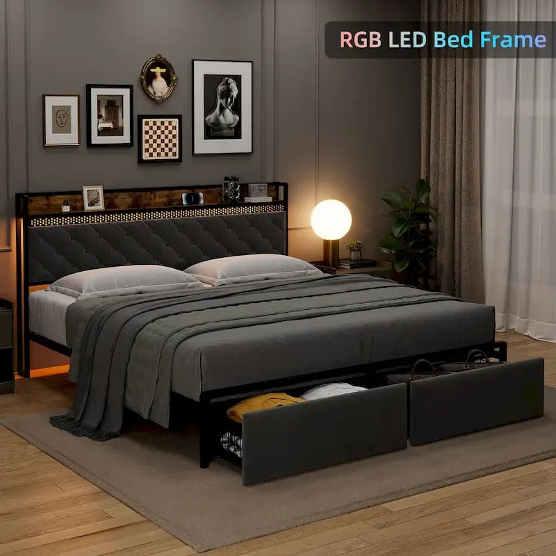 Lit plateforme capitonné moderne avec tête de lit de rangement et lumières LED — Cadre métallique
