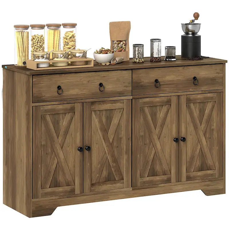 Buffet de salle à manger blanc avec portes coulissantes façon grange, tiroirs et étagères réglables
