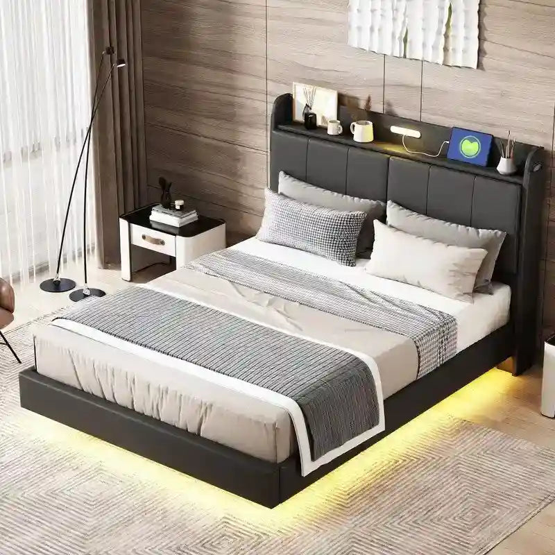 Cadre de lit Queen avec tiroirs de rangement, lumière tactile et port USB