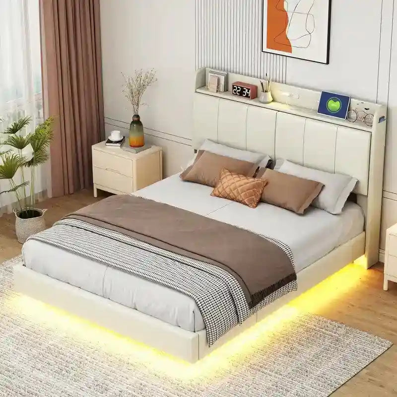 Cadre de lit Queen avec tiroirs de rangement, lumière tactile et port USB