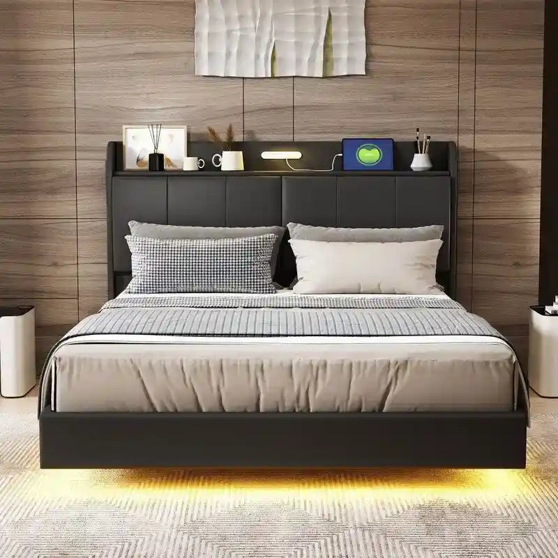 Cadre de lit Queen avec tiroirs de rangement, lumière tactile et port USB