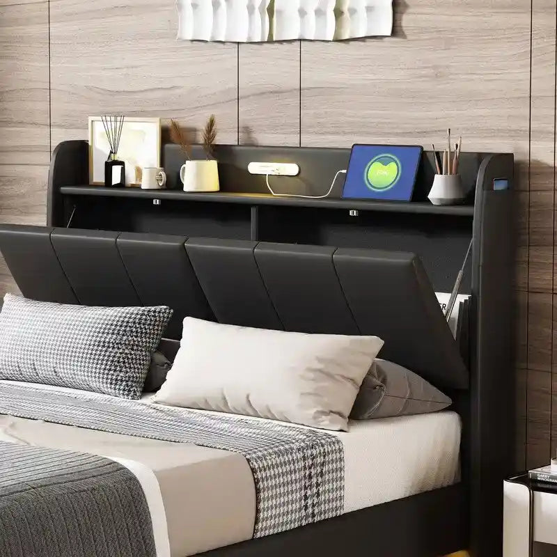 Cadre de lit Queen avec tiroirs de rangement, lumière tactile et port USB