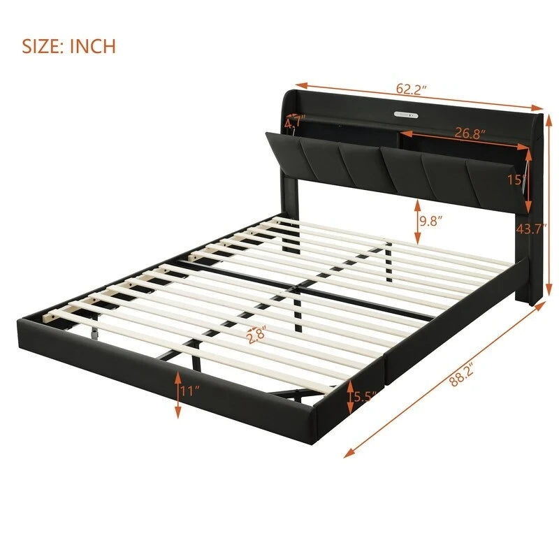 Cadre de lit Queen avec tiroirs de rangement, lumière tactile et port USB