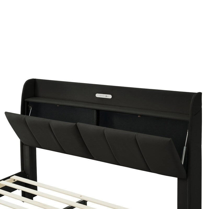 Cadre de lit Queen avec tiroirs de rangement, lumière tactile et port USB