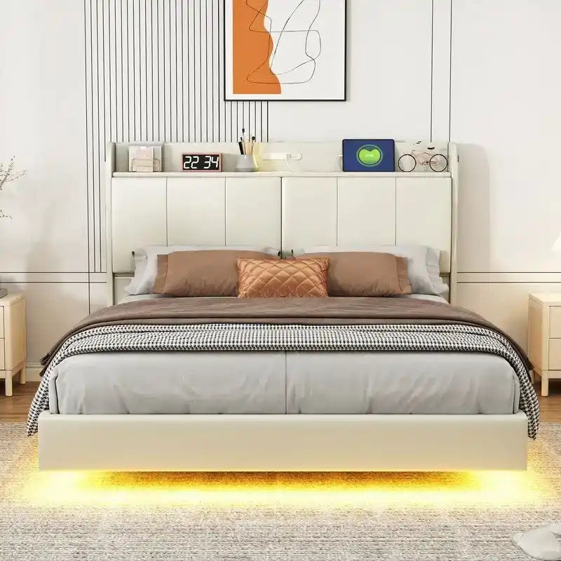 Cadre de lit Queen avec tiroirs de rangement, lumière tactile et port USB