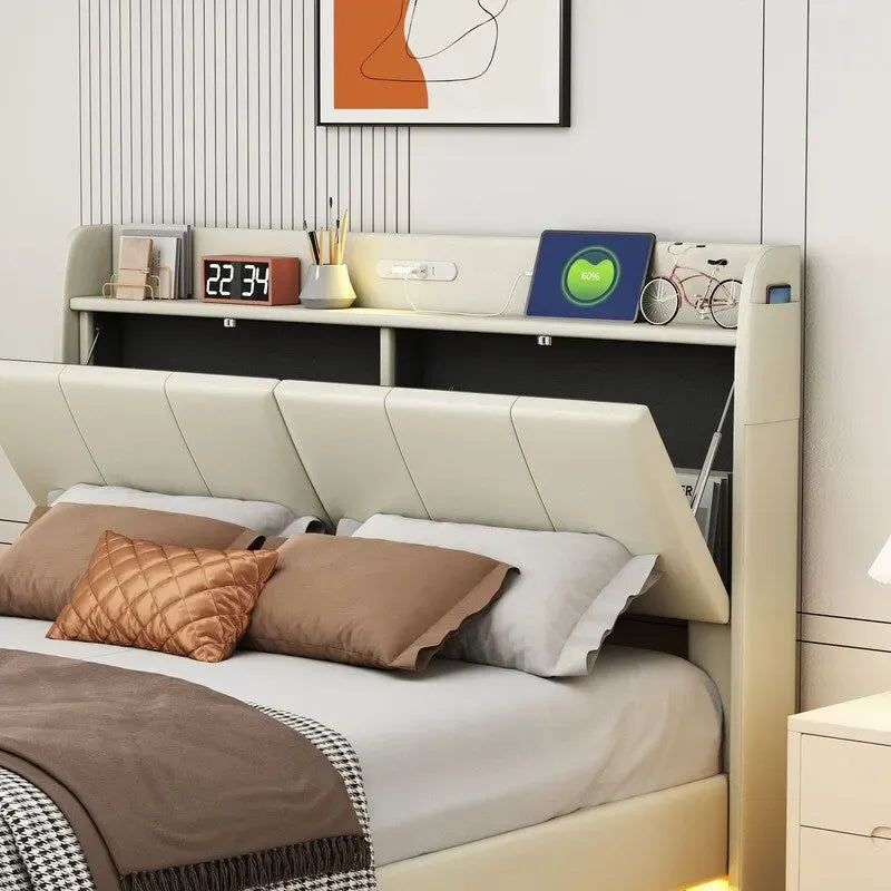 Cadre de lit Queen avec tiroirs de rangement, lumière tactile et port USB
