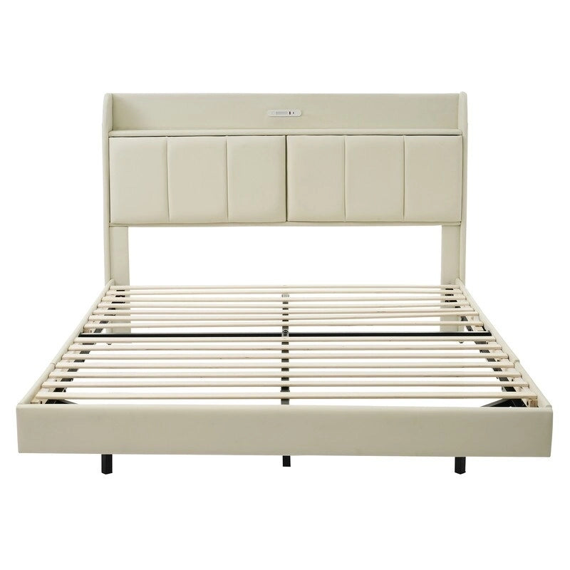 Cadre de lit Queen avec tiroirs de rangement, lumière tactile et port USB