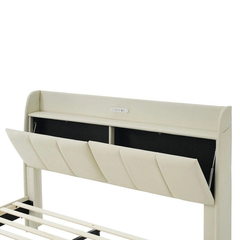 Cadre de lit Queen avec tiroirs de rangement, lumière tactile et port USB