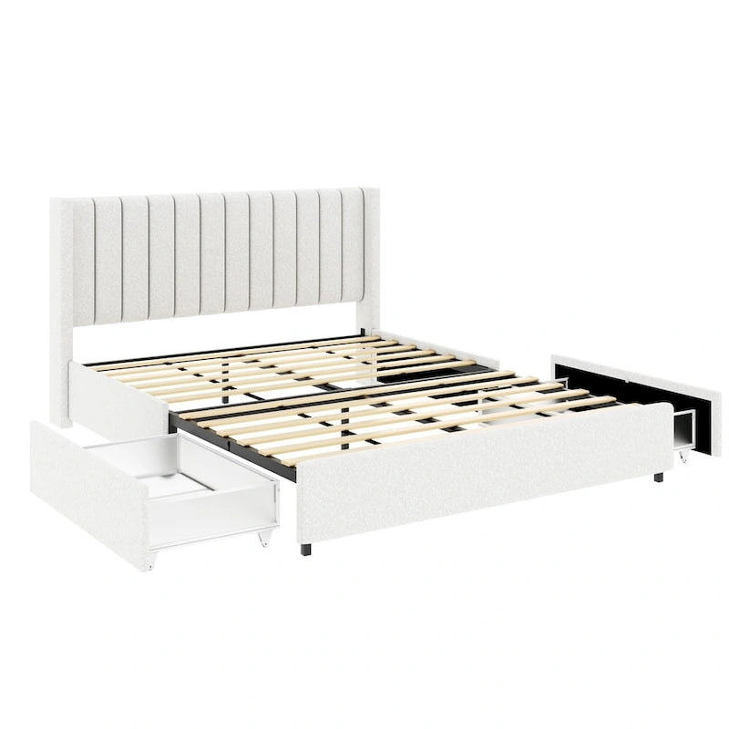 Lit plateforme queen en bouclé ivoire rembourré avec tiroirs de rangement