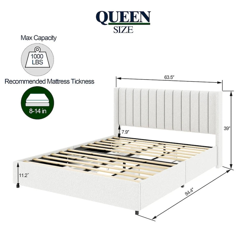 Lit plateforme queen en bouclé ivoire rembourré avec tiroirs de rangement