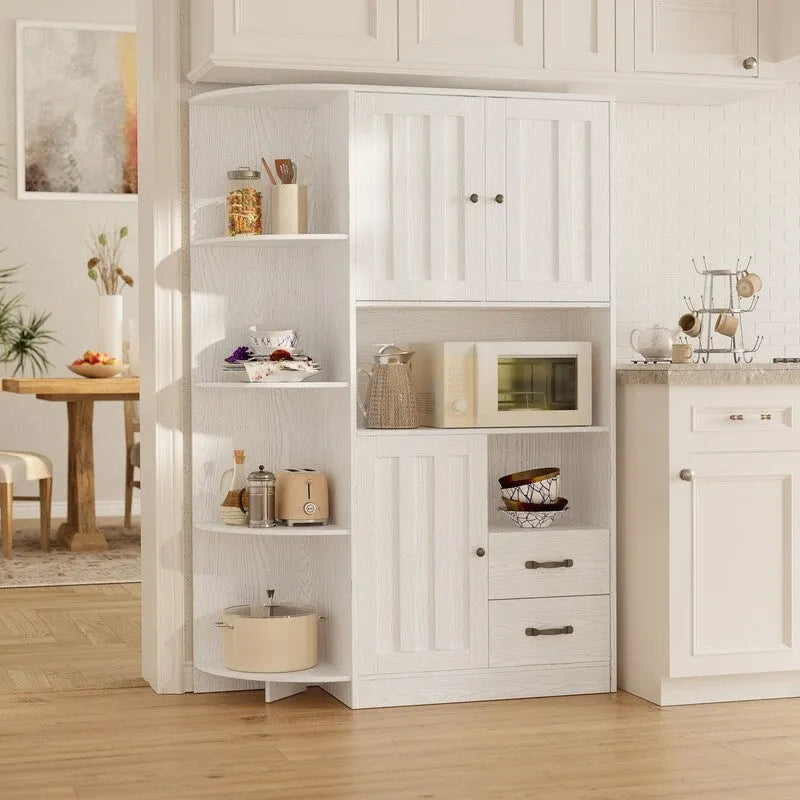 Meuble de rangement de cuisine de ferme avec portes et étagères ouvertes, buffet avec étagères pour micro-ondes et tiroirs