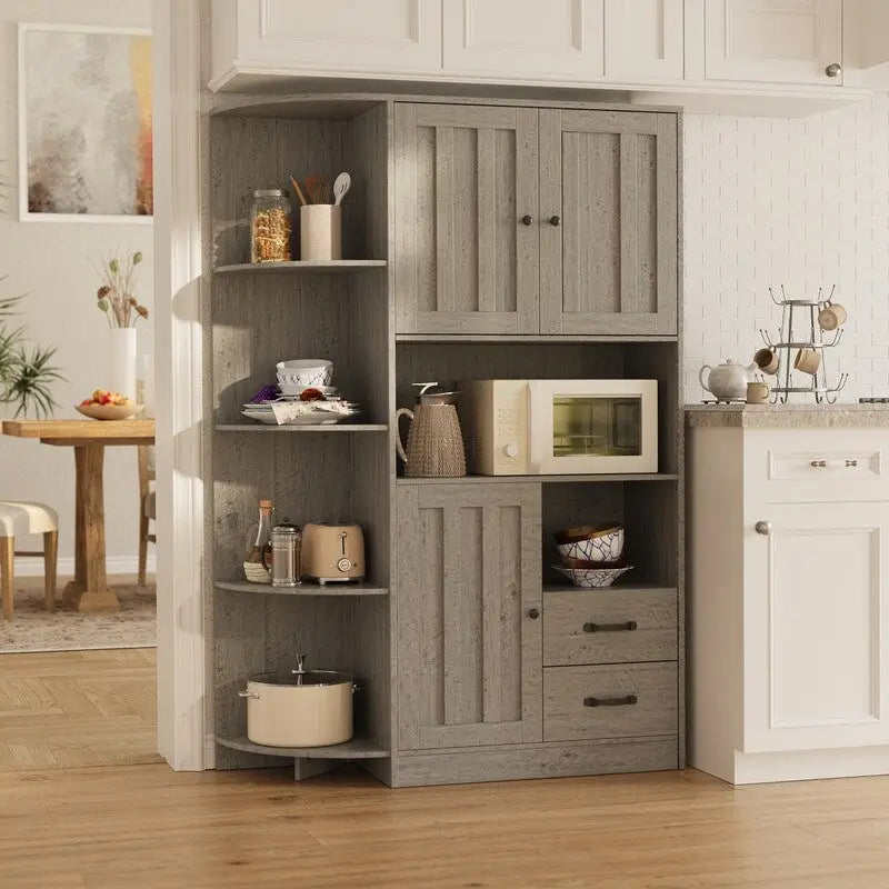 Meuble de rangement de cuisine de ferme avec portes et étagères ouvertes, buffet avec étagères pour micro-ondes et tiroirs