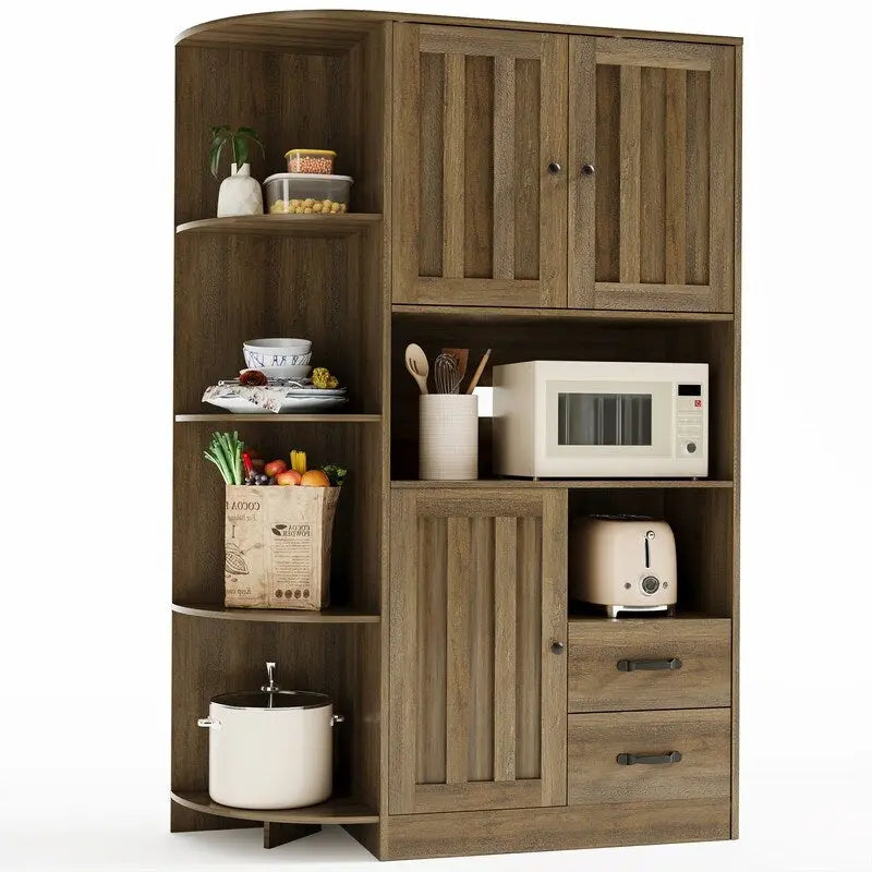 Meuble de rangement de cuisine de ferme avec portes et étagères ouvertes, buffet avec étagères pour micro-ondes et tiroirs