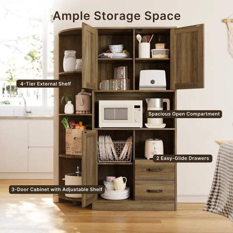 Meuble de rangement de cuisine de ferme avec portes et étagères ouvertes, buffet avec étagères pour micro-ondes et tiroirs