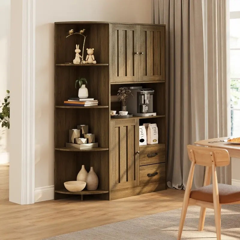 Meuble de rangement de cuisine de ferme avec portes et étagères ouvertes, buffet avec étagères pour micro-ondes et tiroirs