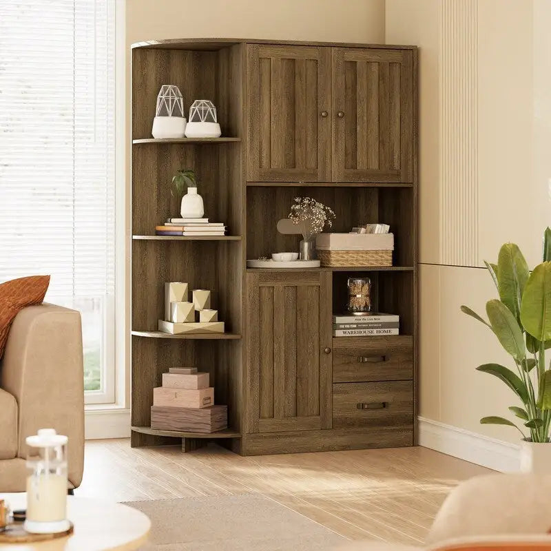 Meuble de rangement de cuisine de ferme avec portes et étagères ouvertes, buffet avec étagères pour micro-ondes et tiroirs