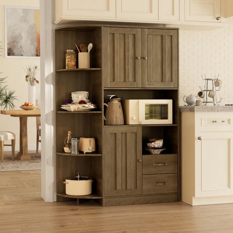 Meuble de rangement de cuisine de ferme avec portes et étagères ouvertes, buffet avec étagères pour micro-ondes et tiroirs