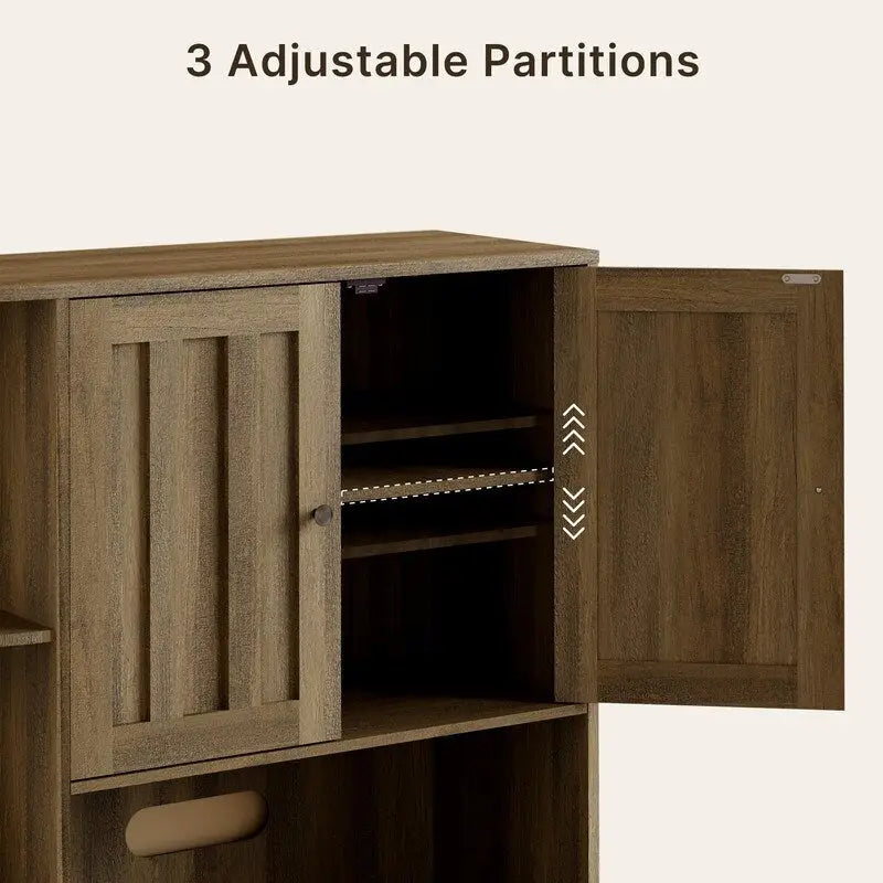 Meuble de rangement de cuisine de ferme avec portes et étagères ouvertes, buffet avec étagères pour micro-ondes et tiroirs