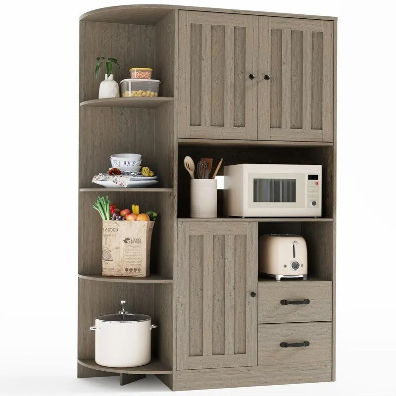 Meuble de rangement de cuisine de ferme avec portes et étagères ouvertes, buffet avec étagères pour micro-ondes et tiroirs