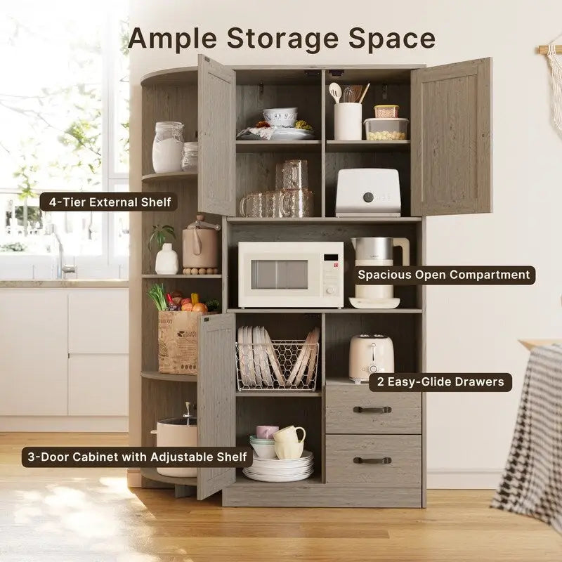 Meuble de rangement de cuisine de ferme avec portes et étagères ouvertes, buffet avec étagères pour micro-ondes et tiroirs