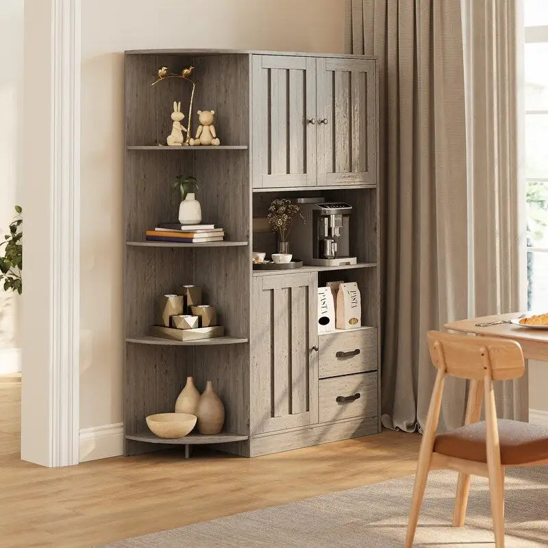 Meuble de rangement de cuisine de ferme avec portes et étagères ouvertes, buffet avec étagères pour micro-ondes et tiroirs