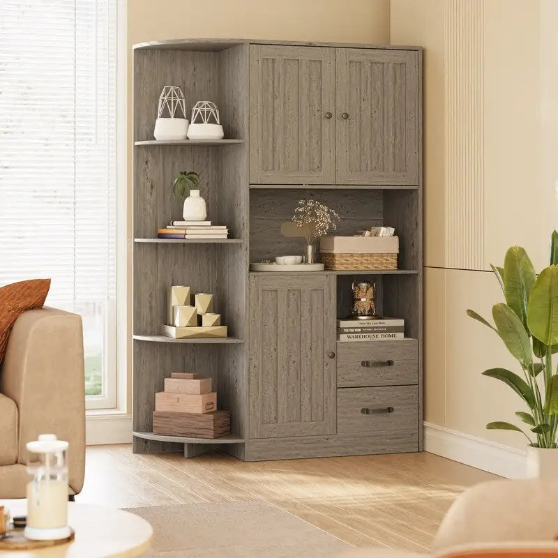 Meuble de rangement de cuisine de ferme avec portes et étagères ouvertes, buffet avec étagères pour micro-ondes et tiroirs