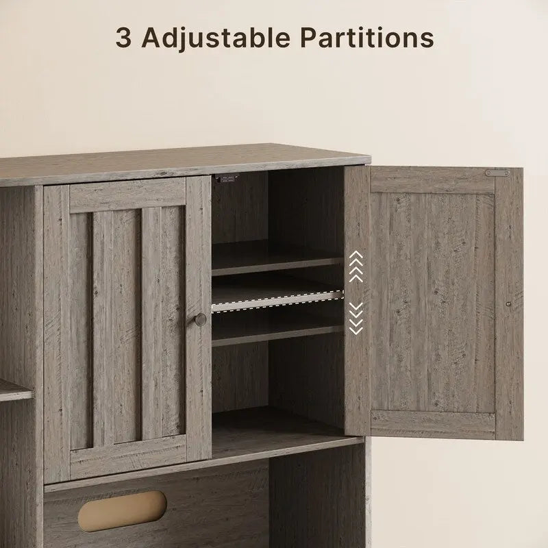 Meuble de rangement de cuisine de ferme avec portes et étagères ouvertes, buffet avec étagères pour micro-ondes et tiroirs