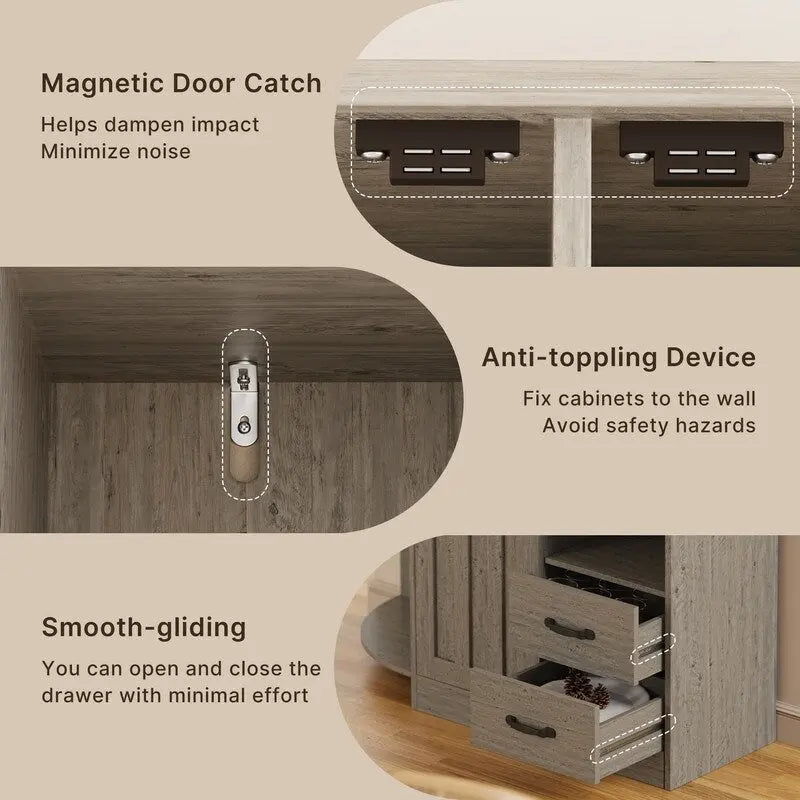 Meuble de rangement de cuisine de ferme avec portes et étagères ouvertes, buffet avec étagères pour micro-ondes et tiroirs