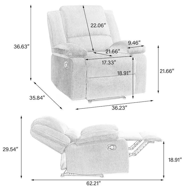 Fauteuil inclinable manuel rembourré moderne avec mécanisme à poussée – Chaise longue de salon
