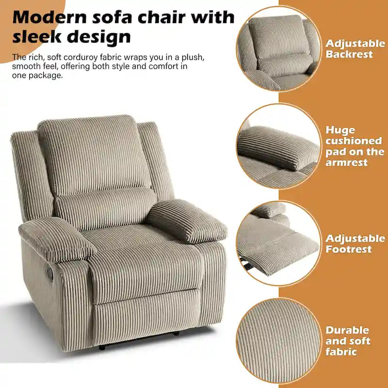 Fauteuil inclinable manuel rembourré moderne avec mécanisme à poussée – Chaise longue de salon