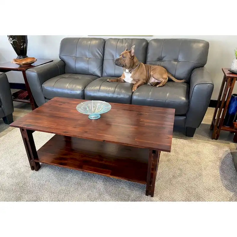 Table basse architecturale en bois d'acacia avec étagère inférieure — Pièce maîtresse de salon