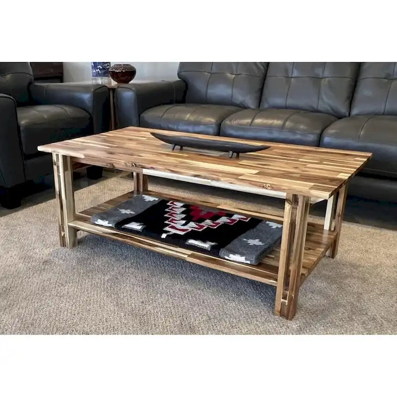 Table basse architecturale en bois d'acacia avec étagère inférieure — Pièce maîtresse de salon