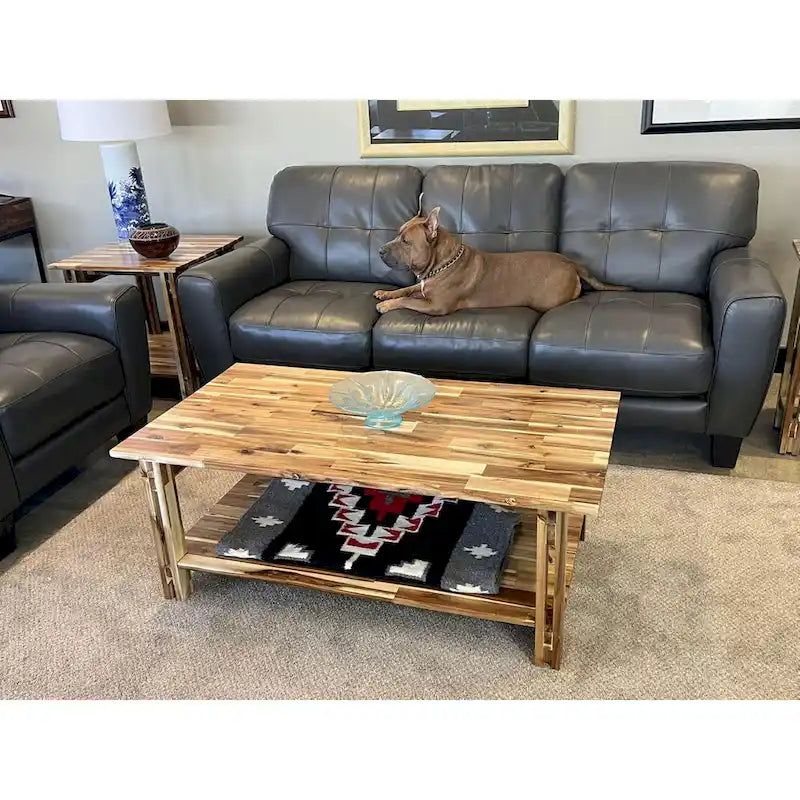 Table basse architecturale en bois d'acacia avec étagère inférieure — Pièce maîtresse de salon