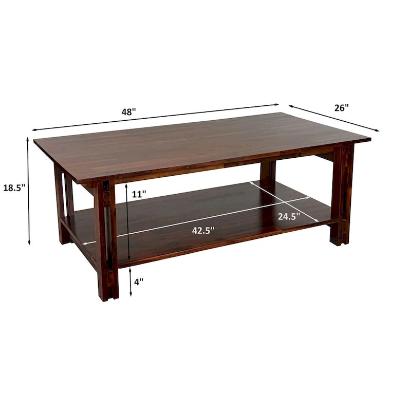 Table basse architecturale en bois d'acacia avec étagère inférieure — Pièce maîtresse de salon