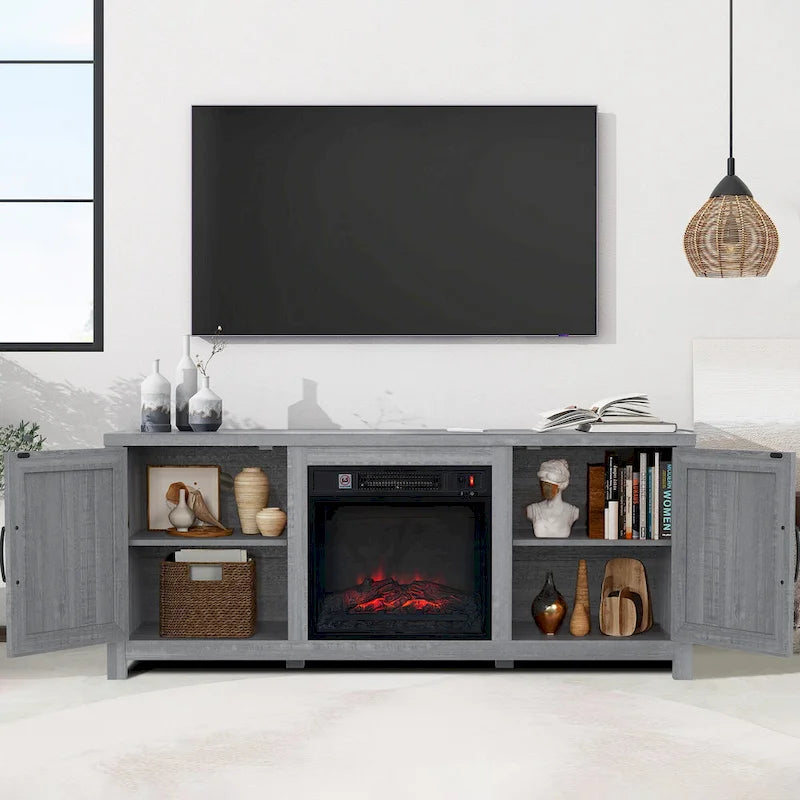 Meuble TV de 58 pouces gris avec cheminée électrique et console, incluant un foyer électrique de 18 pouces