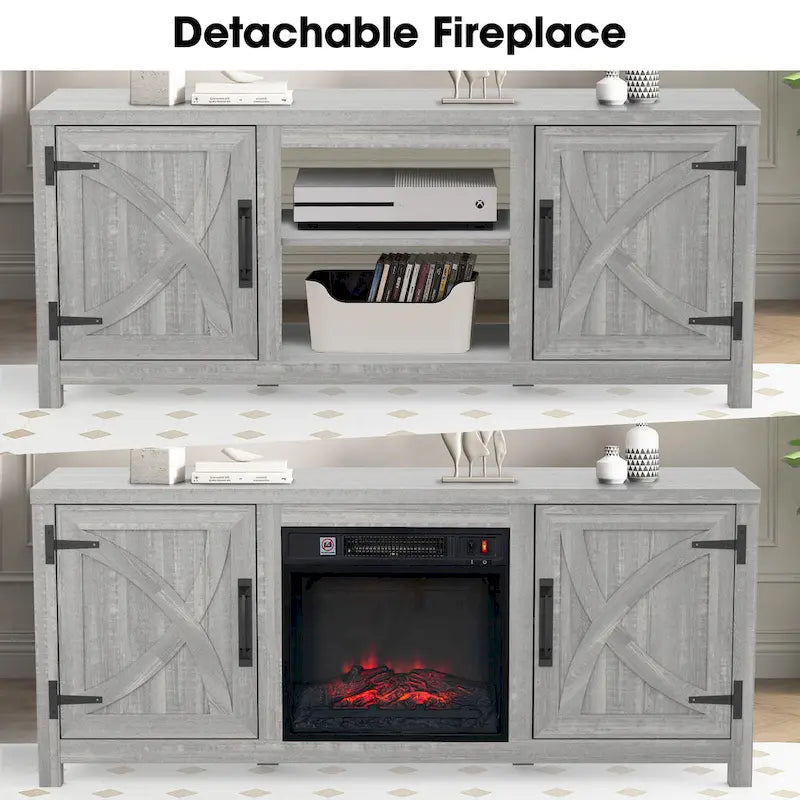 Meuble TV de 58 pouces gris avec cheminée électrique et console, incluant un foyer électrique de 18 pouces