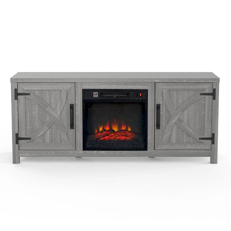 Meuble TV de 58 pouces gris avec cheminée électrique et console, incluant un foyer électrique de 18 pouces