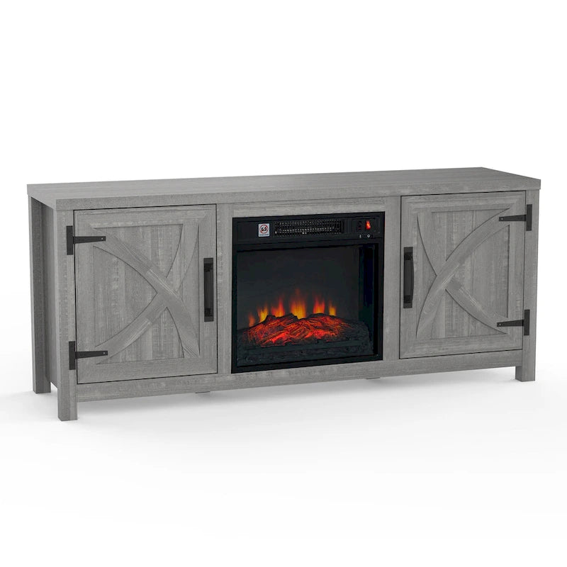 Meuble TV de 58 pouces gris avec cheminée électrique et console, incluant un foyer électrique de 18 pouces