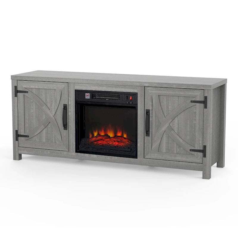 Meuble TV de 58 pouces gris avec cheminée électrique et console, incluant un foyer électrique de 18 pouces