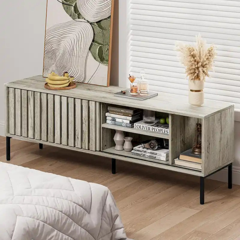 Moasis 64TV Stand Hollow Sliding Door Entertainment Center Adjustable Shelves TV Console - 64L x 15.4W x 22.5H