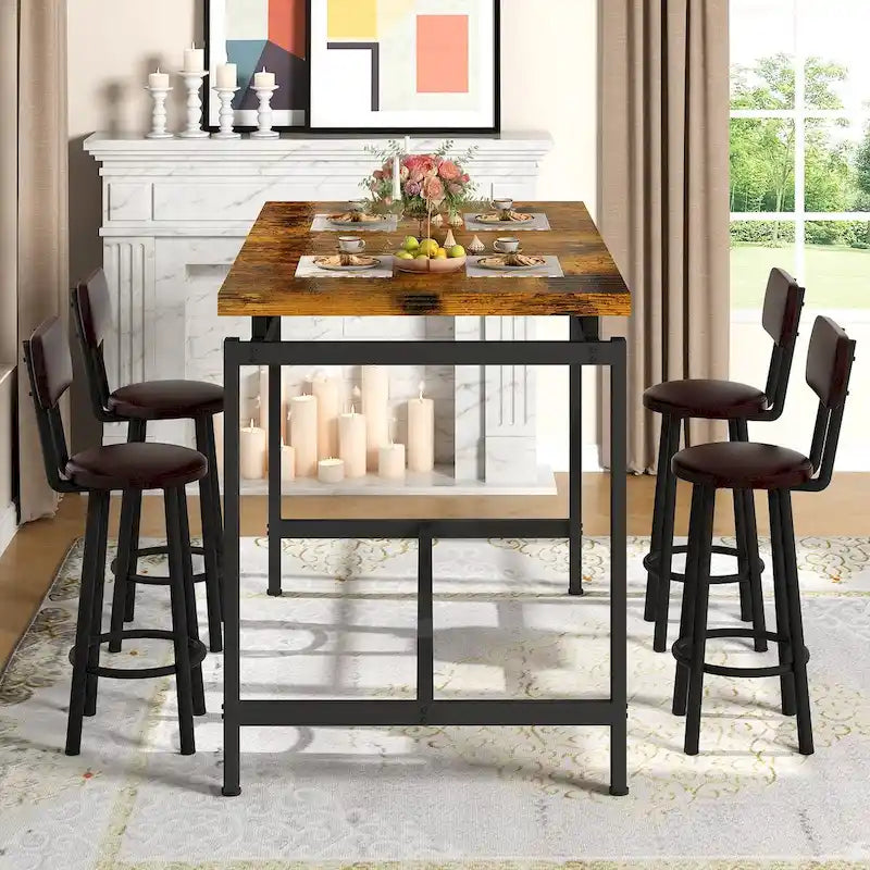 Table à manger hauteur comptoir style industriel rustique avec 4 chaises de bar rembourrées