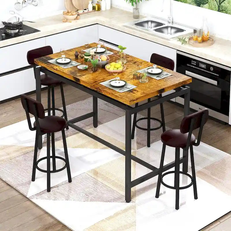 Table à manger hauteur comptoir style industriel rustique avec 4 chaises de bar rembourrées