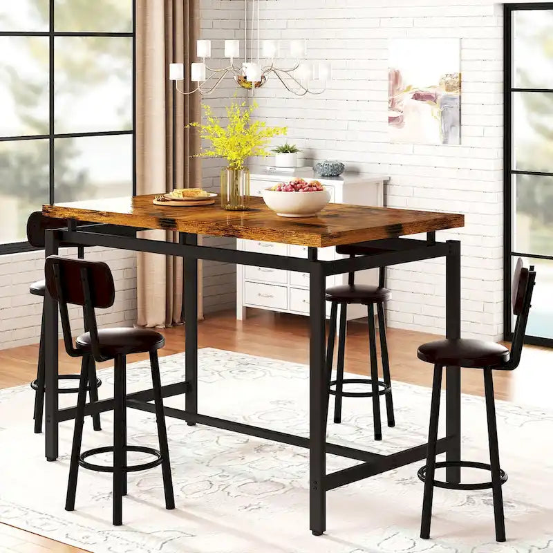 Table à manger hauteur comptoir style industriel rustique avec 4 chaises de bar rembourrées